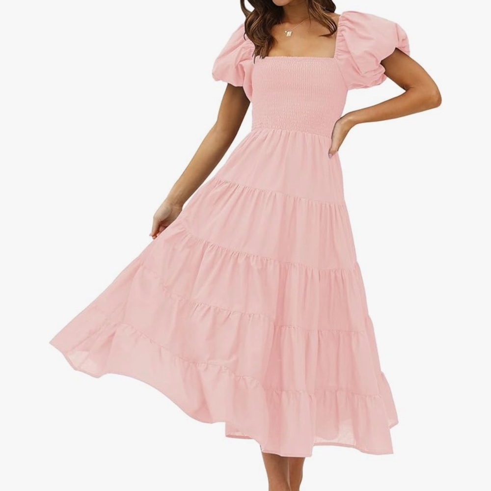 Pink Bubble Sleeve Midi Dress